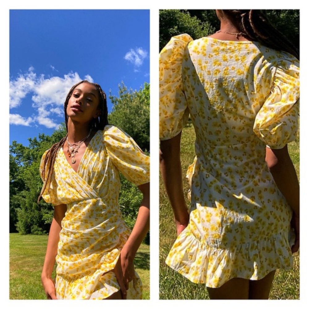 Free People X Rahi Cali Petra Mini Dress Floral Yellow Puff Sleeve A-Line